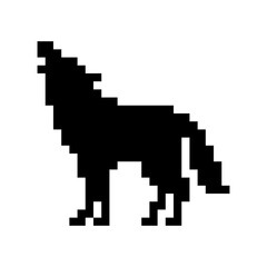 Black and white pixel art wolf silhouette. wild animal cartoon. retro style.