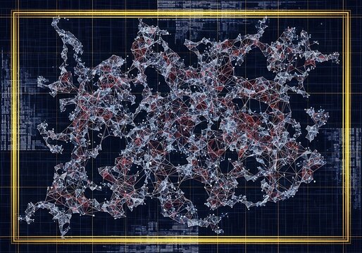 Complex Interconnected Network on Grid Overlay with Gold Border Illustration