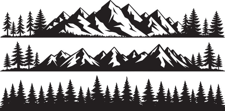 Mountain Silhouette Landscape – Hand-Drawn Alpine Peaks with Pine Tree Vector Set - Powered by Adobe
