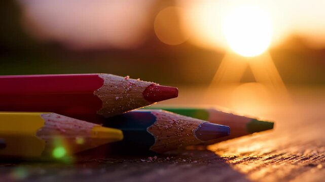 Colorful pencils lie on a wooden surface as the sun sets in the background, creating a warm glow. The pencils and sunset illuminate the scene, blending creativity and nature.