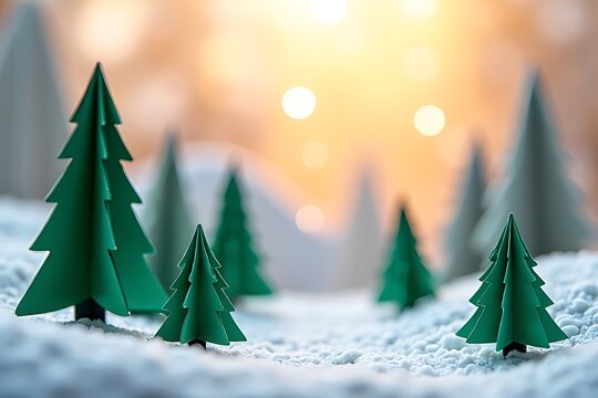 Paper christmas trees in a winter landscape with blurred bokeh lights background - Powered by Adobe
