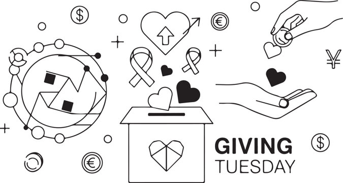 Giving Tuesday concept with donation box hearts and currency symbols charity fundraising