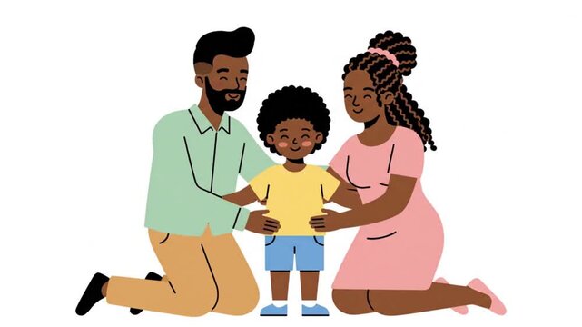 Happy International Children&rsquo;s Day Family Hug Vector Animation. Heartwarming vector animation showing a small child being lovingly embraced by both parents in a clean, flat cartoon style.