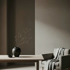 Minimalist interior scene with light wooden table, matte black vase with delicate branches, small black bowl, light upholstered armchair with draped blanket, soft neutral lighning.