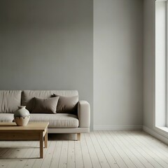 Minimalist living room with light sofa and cushions, wooden coffee table with fruit bowl, large window, light wood flooring, neutral walls, and bright natural sunlight casting soft shadows.