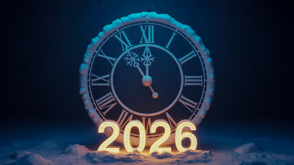 Approaching new year 2026 with a glowing clock and roman numerals indicating midnight