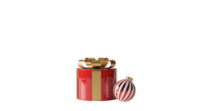 Festive red gift box with golden ribbon and striped christmas ornament isolated on transparent background - Powered by Adobe