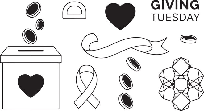 Giving Tuesday donation box coins ribbon heart and geometric pattern charity fundraising