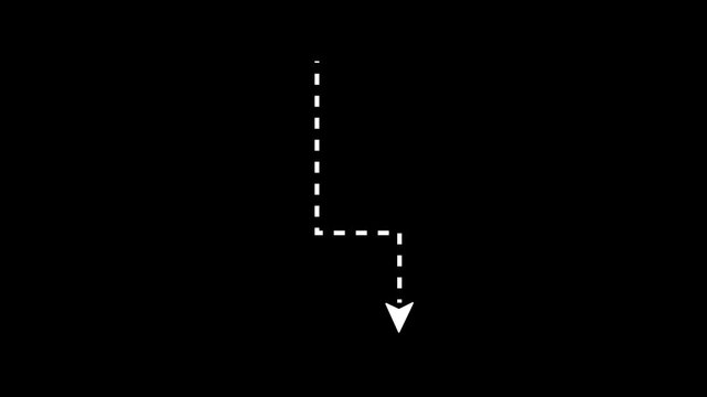 Dotted line arrow animation. Downward Zigzag Arrow Animation. Zigzag arrow pointing down. Black screen, 4k video