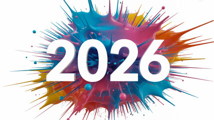 Vibrant explosion of colors and splashes forming the year 2026 celebration