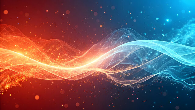 Abstract energy wave with red and blue light particles - Powered by Adobe