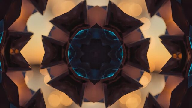 A beautiful kaleidoscopic pattern emerges as the sunlight reflects off colorful shapes in the foreground. This pattern showcases vibrant colors and creates a mesmerizing visual exp