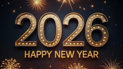 Golden illuminated 2026 numbers with happy new year text and fireworks celebration