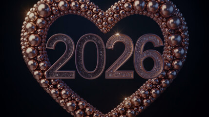 Sparkling heart shape forming the year 2026 against a dark background