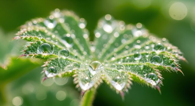 Close-up of a vibrant green leaf adorned with numerous sparkling dewdrops showcasing natures delicate beauty.