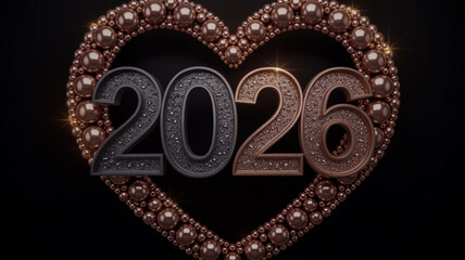Ornate heart frame surrounding the year 2026 in textured metallic numbers