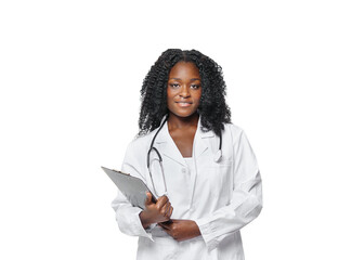 Portrait of confident young medical woman doctor on isolated free png background