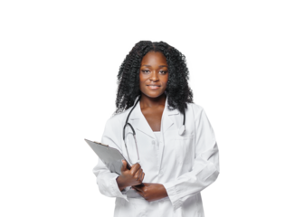 Portrait of confident young medical woman doctor on isolated free png background