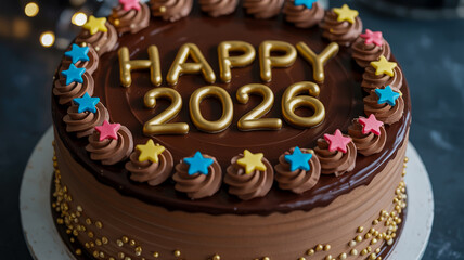 Delicious chocolate cake decorated with happy 2026 text and colorful star sprinkles for new year celebration