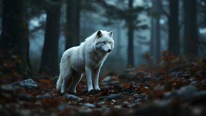 A white wolf standing alert in a rocky forest landscape. Moody natural light enhances the wild atmosphere, surrounded by trees, stones, and autumn foliage