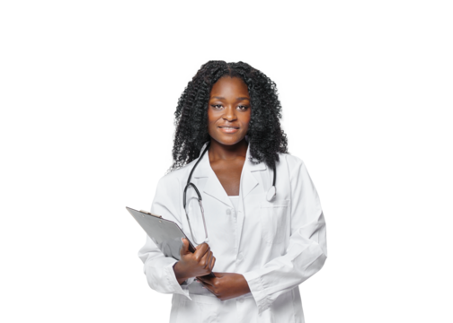Portrait of confident young medical woman doctor on isolated free png background
