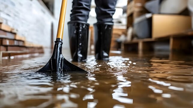 Person cleaning up floodwater with rubber boots.