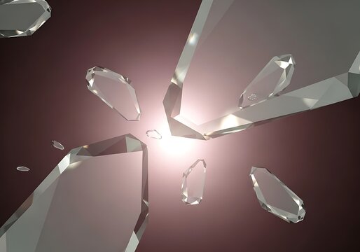 Scattered prisms floating in a soft luminous space with geometric shapes