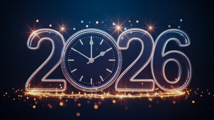 Glowing neon numbers 2026 with clock face and sparkles on dark blue background