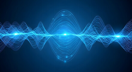 Abstract Blue Digital Waveform Energetic Flow of Data, Sound, or Light Patterns with Glowing Particles, Symbolizing Modern Technology and Scientific Innovation