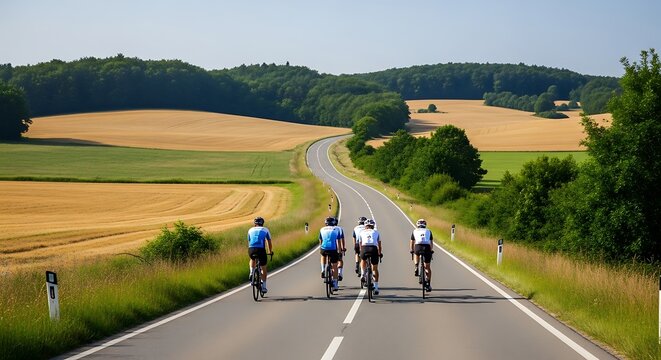 Group of cyclists riding on a scenic country road through golden fields.