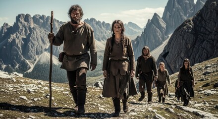 Ancient travelers in mountainous landscape with caucasian adults in historic clothing