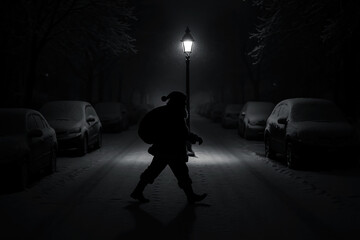 Mysterious Figure Carrying Sack in Black and White Winter Night Scene