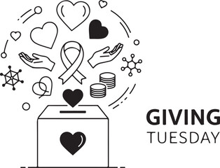 Giving Tuesday donation box with hearts and support icons flowing out Keywords: giving tuesday