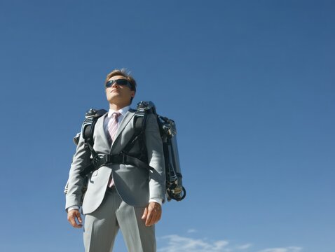 Businessman in a suit with a jetpack against a blue sky