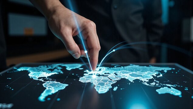 Businessman touching global network connection on map