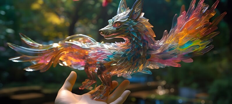 A Wolf Garuda , a small creature made of glass that is sitting in the palm of your hand,,generative AI - Powered by Adobe
