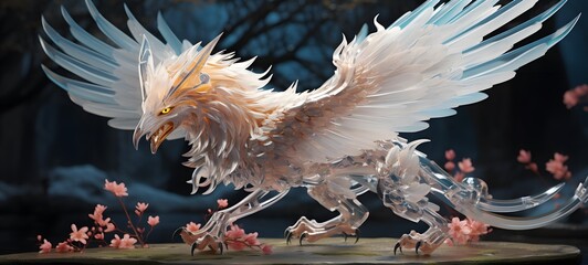 A Wolf Garuda , a small creature made of glass that is sitting in the palm of your hand,,generative AI