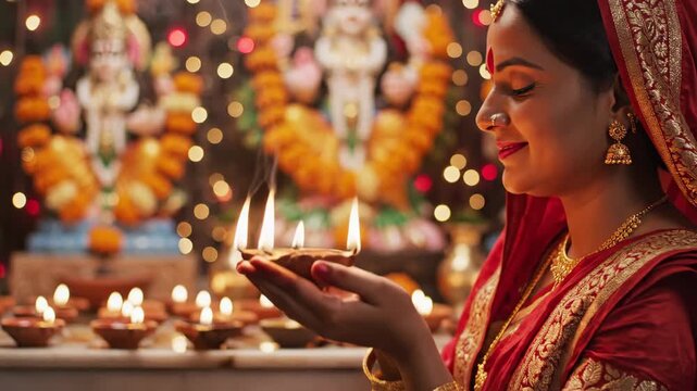 A Woman Offers Lit Lamps During a Spiritual Hindu Ritual Celebration
