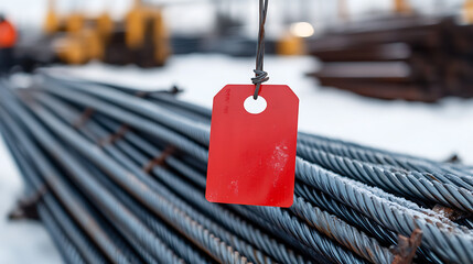 A striking still life featuring bundled metal cables resting on a snowy surface, highlighted by a vibrant red tag suspended from a thin wire, all set against a blurred backdrop.
