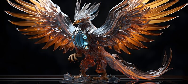 A Wolf Garuda , a small creature made of glass that is sitting in the palm of your hand,,generative AI