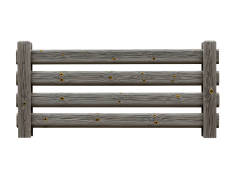 Rustic wooden fence section with weathered planks and posts isolated on transparent background