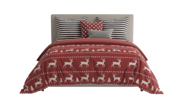 Cozy christmas bedding set featuring a red duvet cover with a white reindeer pattern and striped pillows isolated on transparent background