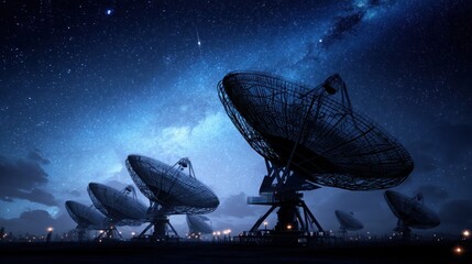 Obraz premium Satellite dishes under starry night sky