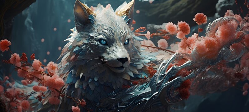 A Wolf Garuda , a small creature made of glass that is sitting in the palm of your hand,,generative AI