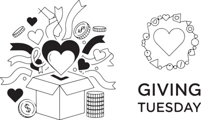 Giving Tuesday donation icons with hearts coins and ribbons charity fundraising