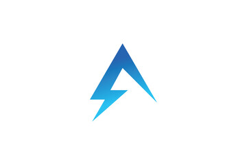 Stylish logo design featuring letter A with lightning bolt in blue gradient, concept for energy, technology, and speed
