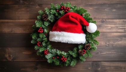 Festive christmas decoration with santa hat on wreath cozy home setting photography holiday spirit close-up view seasonal cheer