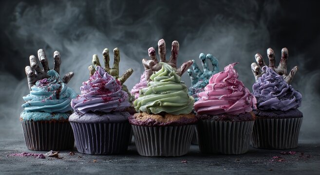 Spooky Halloween cupcakes with eerie zombie hands rising from colorful frosting, perfect for haunted parties and terrifying treats