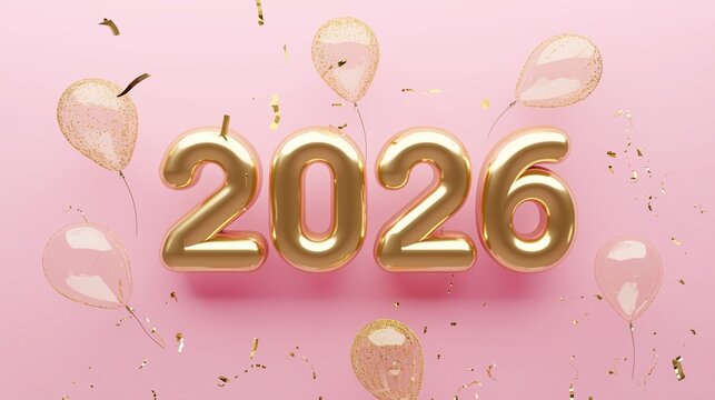 3D golden text '2026' on a pink solid background, vector illustration, with metallic texture and glossy effect, leaving white space, suitable for professional high-resolution design.