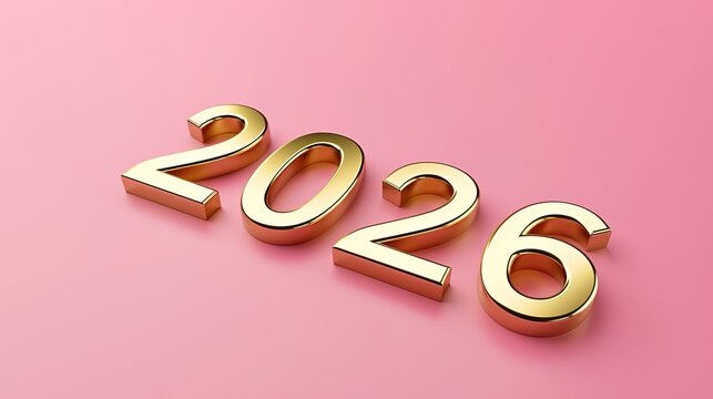 3D golden text '2026' on a pink solid background, vector illustration, with metallic texture and glossy effect, leaving white space, suitable for professional high-resolution design.